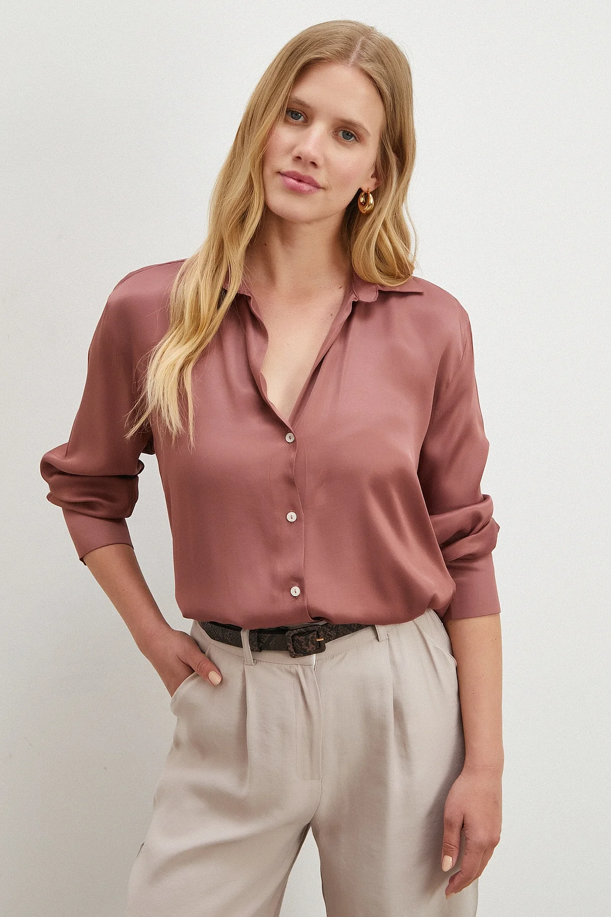 Viskon Saten Gömlek - Gül Kurusu