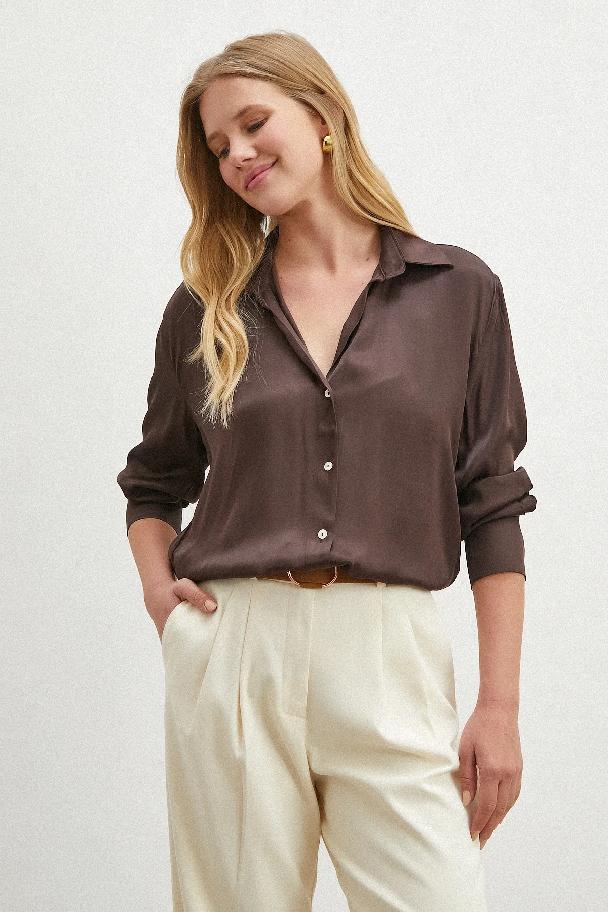 Viskon Saten Gömlek - Kahve