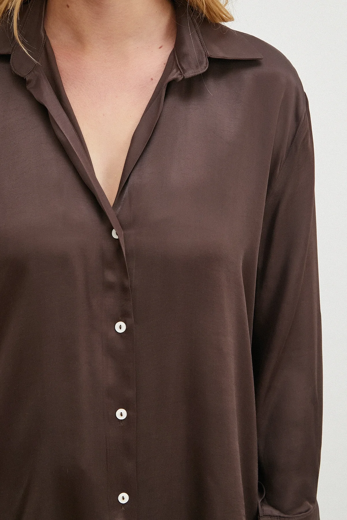 Viskon Saten Gömlek - Kahve