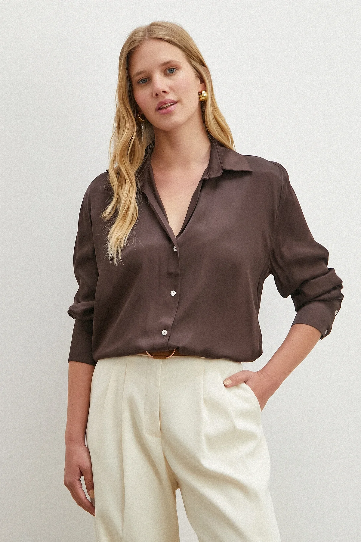 Viskon Saten Gömlek - Kahve