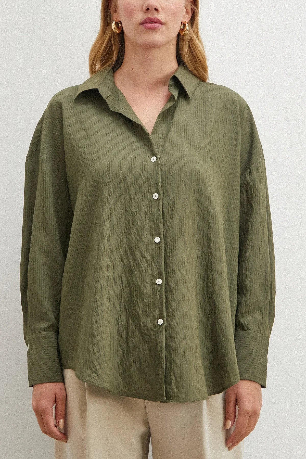 Çizgili Viskon Gömlek - Haki