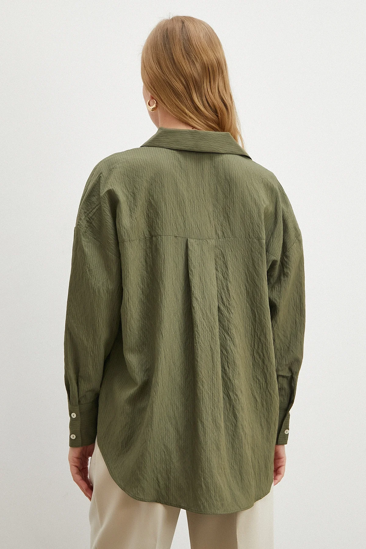 Çizgili Viskon Gömlek - Haki