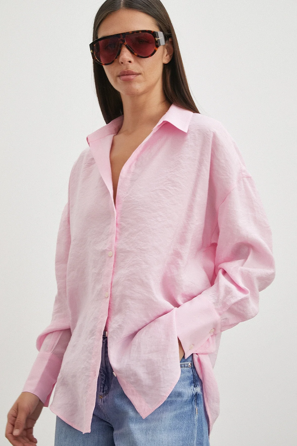 Dökümlü Oversize Modal Gömlek - Pembe