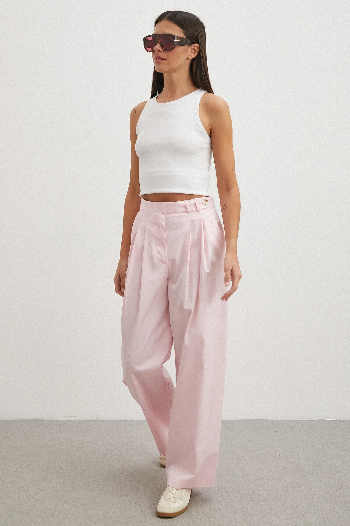 Geniş Paça Pensli Pantolon - Pembe