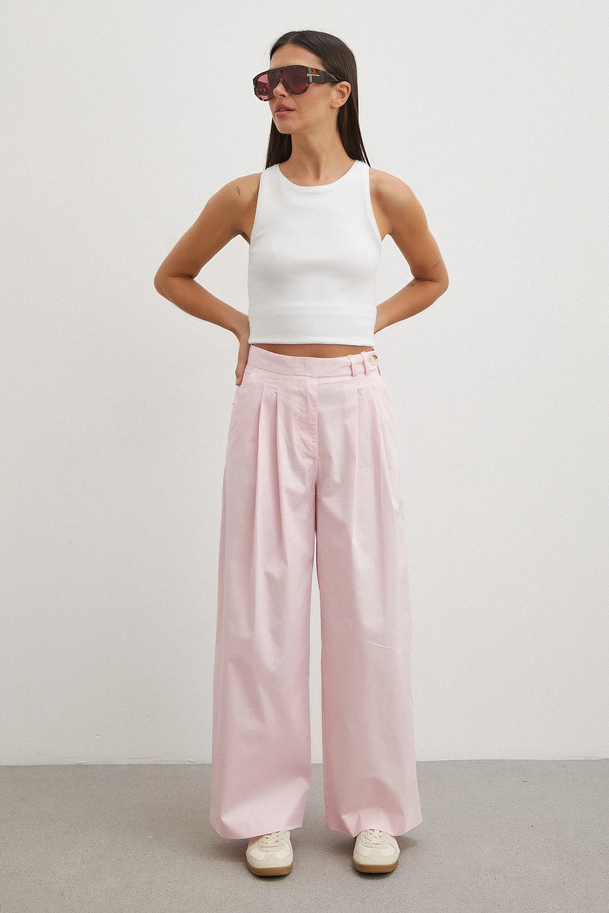 Geniş Paça Pensli Pantolon - Pembe