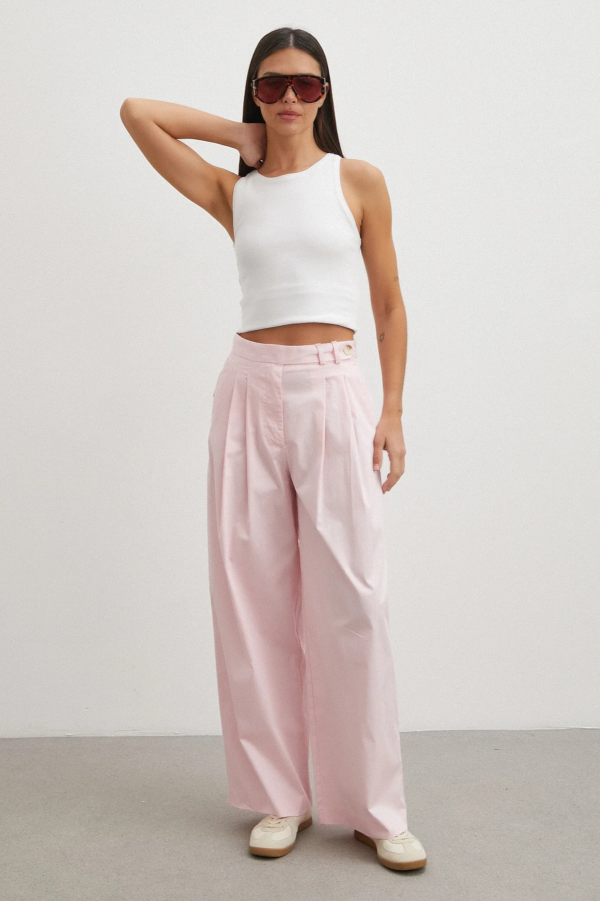 Geniş Paça Pensli Pantolon - Pembe