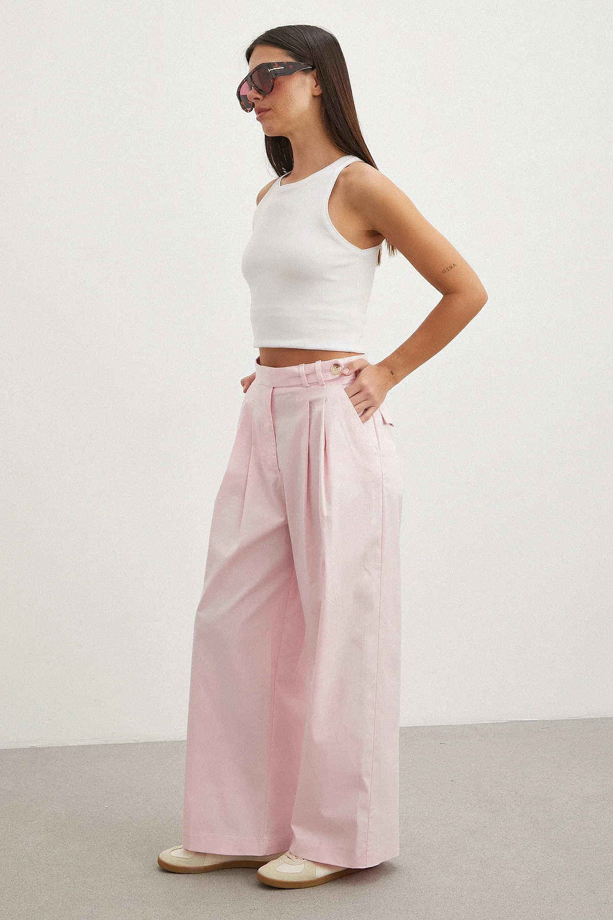 Geniş Paça Pensli Pantolon - Pembe