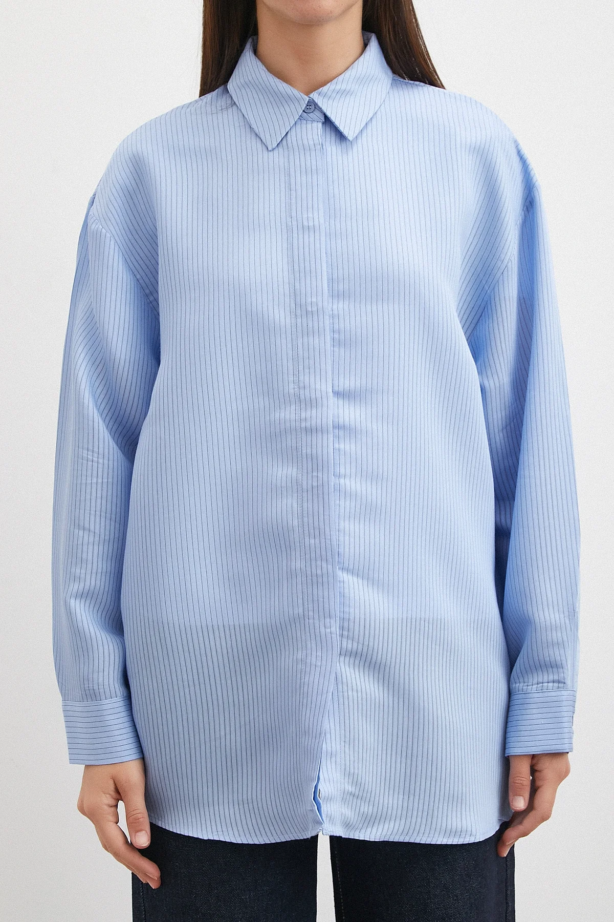 Çizgili Oversize Pastel Gömlek - Mavi