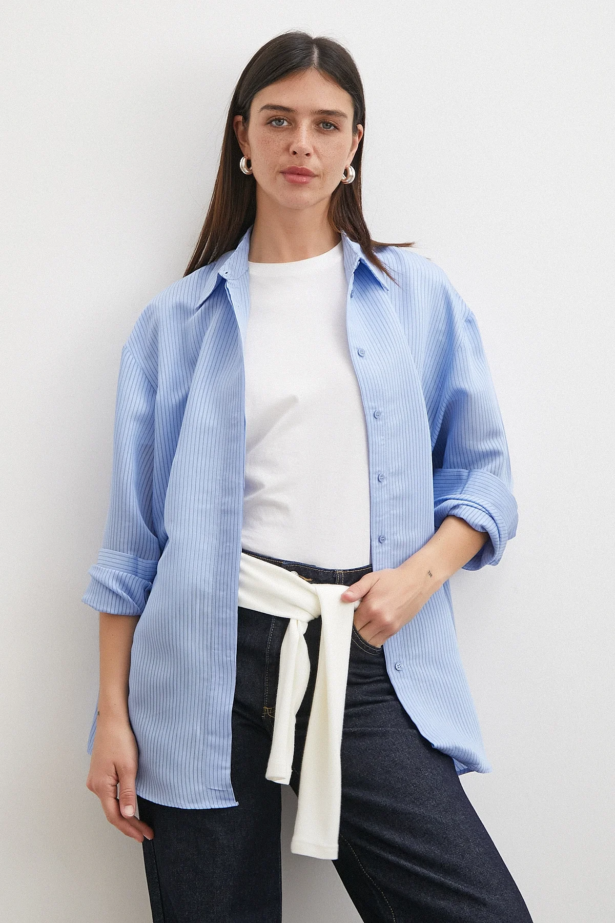 Çizgili Oversize Pastel Gömlek - Mavi
