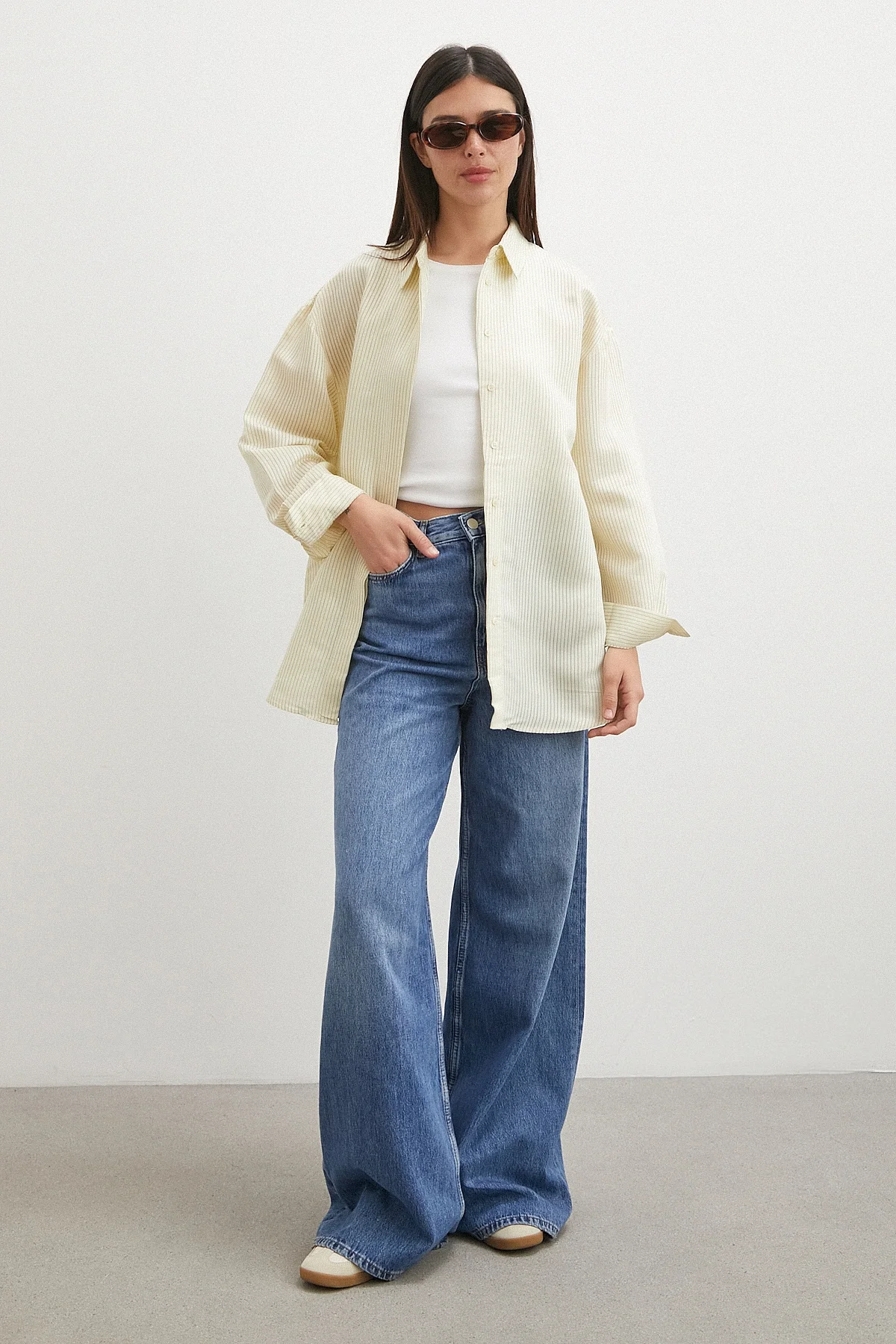 Çizgili Oversize Pastel Gömlek - Sarı
