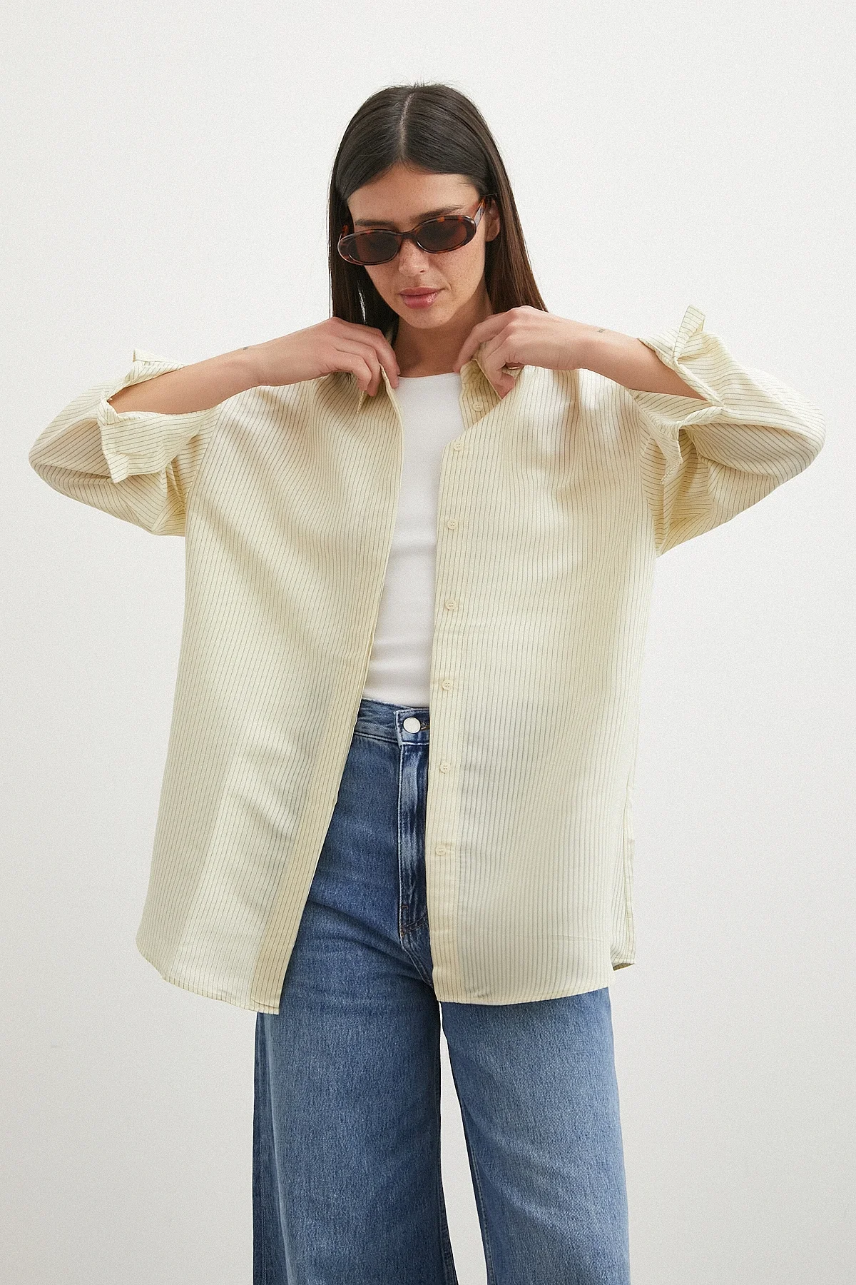 Çizgili Oversize Pastel Gömlek - Sarı