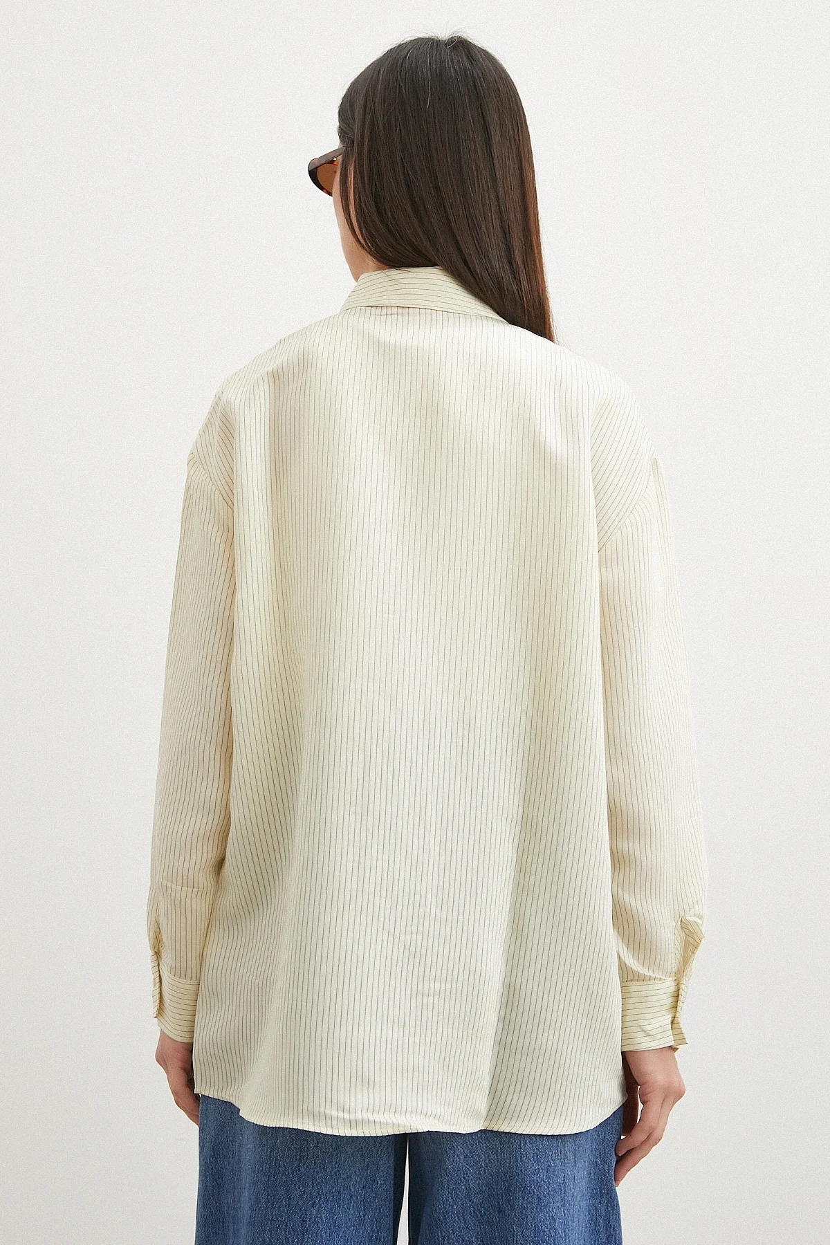 Çizgili Oversize Pastel Gömlek - Sarı