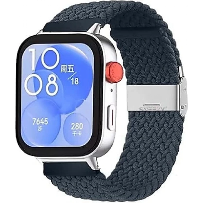 Huawei Watch Fit 3 İle Uyumlu Metal Klips Solo Fiberlink Örgü Kordon Mavi Koyu