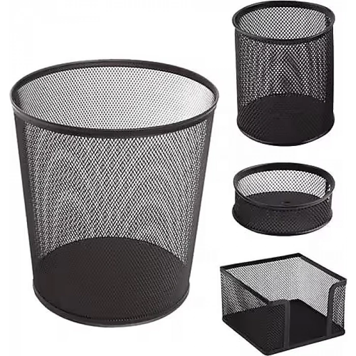 Metal Perforje Ofis Seti 4Lü - Çöp kovası, Kalemlik, Küp Notluk, Ataçlık