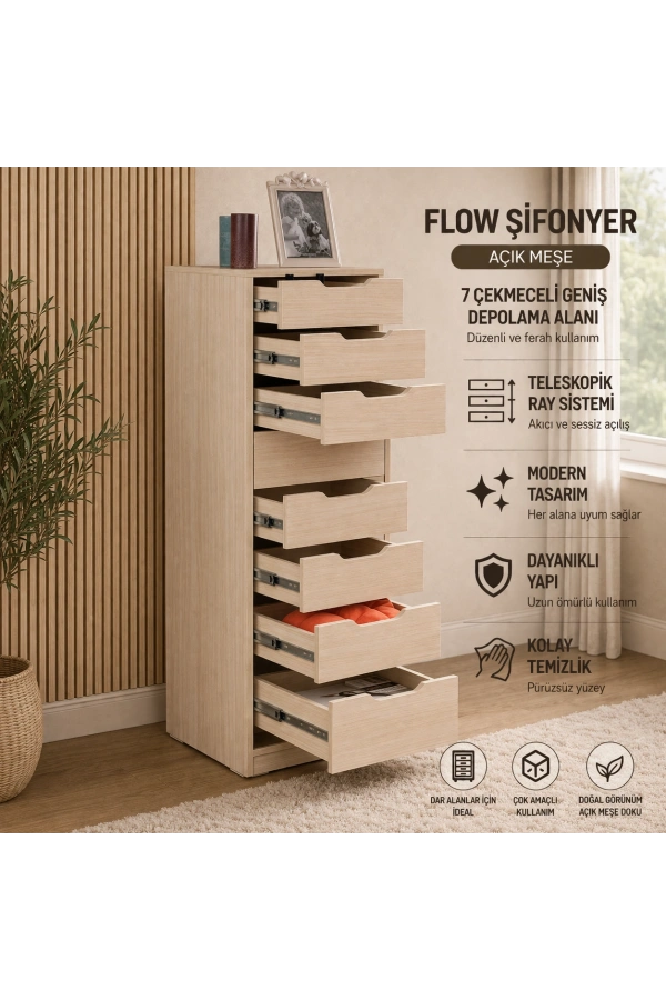 Pasific Home Flow Çekmeceli Şifonyer, Meşe, 7 Çekmeceli