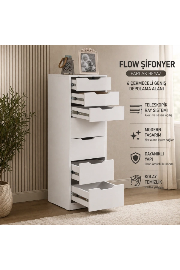 Pasific Home Flow Çekmeceli Şifonyer, Beyaz ,7 Çekmeceli