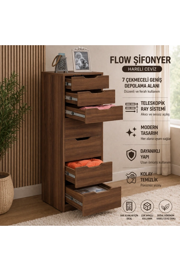 Pasific Home Flow Çekmeceli Şifonyer, Ceviz, 7 Çekmeceli