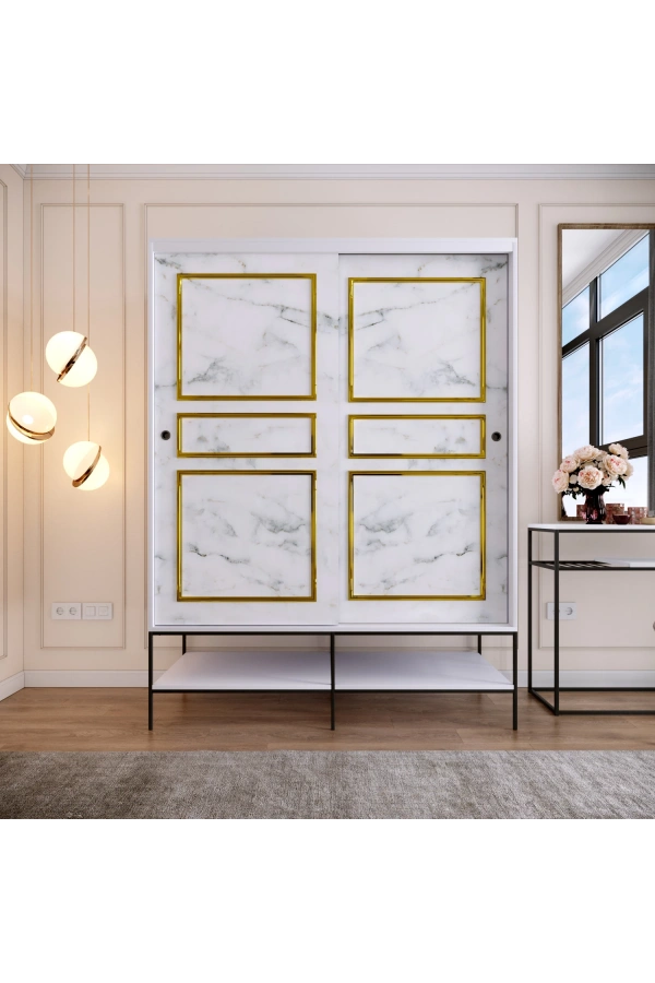Pasific Home Martin 2 Kapaklı Sürgülü Gardırop Elbise Dolabı,150 cm, Beyaz & Beyaz Mermer