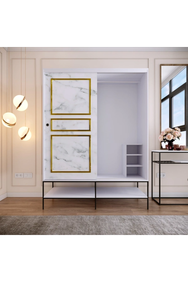 Pasific Home Martin 2 Kapaklı Sürgülü Gardırop Elbise Dolabı,150 cm, Beyaz & Beyaz Mermer