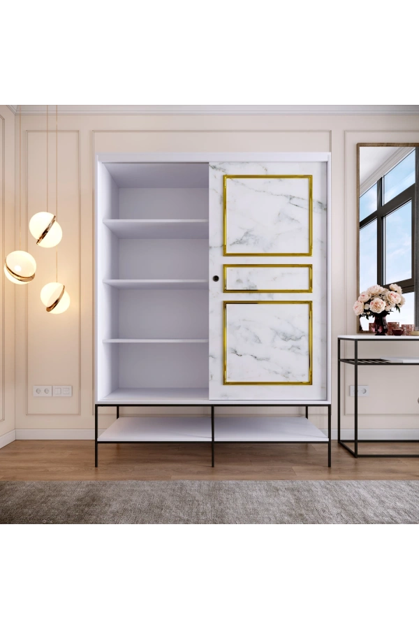 Pasific Home Martin 2 Kapaklı Sürgülü Gardırop Elbise Dolabı,150 cm, Beyaz & Beyaz Mermer