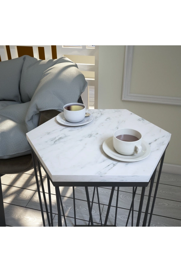 Pasific Home Cetrus Yan Sehpa, Metal Servis Sehpası, Beyaz Mermer