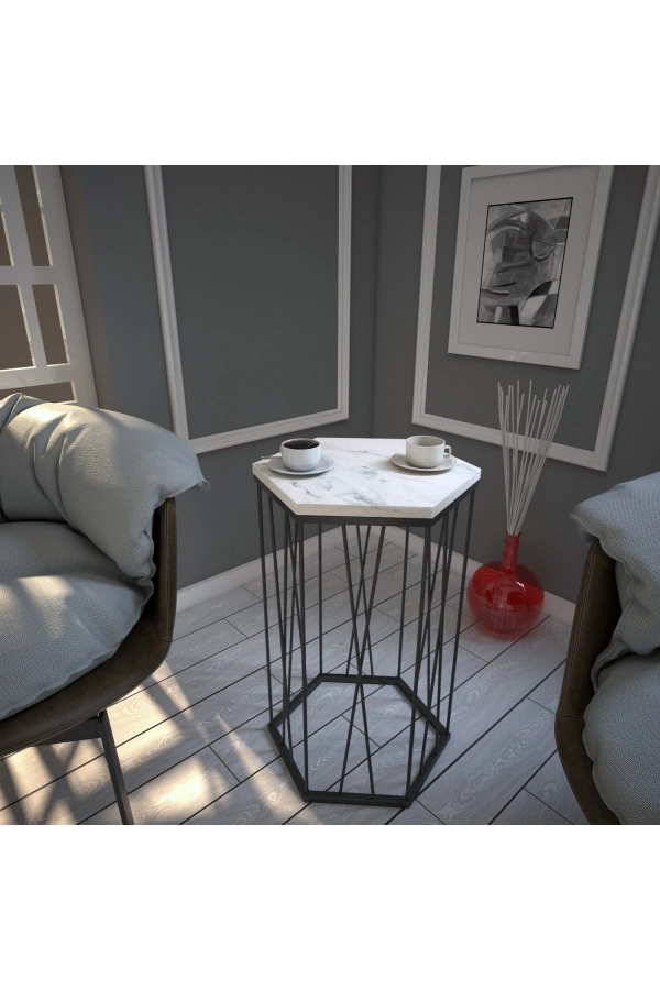 Pasific Home Cetrus Yan Sehpa, Metal Servis Sehpası, Beyaz Mermer