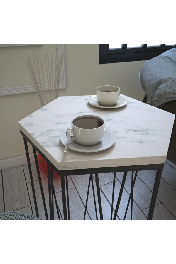 Pasific Home Cetrus Yan Sehpa, Metal Servis Sehpası, Beyaz Mermer