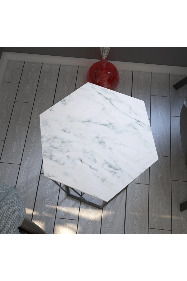 Pasific Home Cetrus Yan Sehpa, Metal Servis Sehpası, Beyaz Mermer