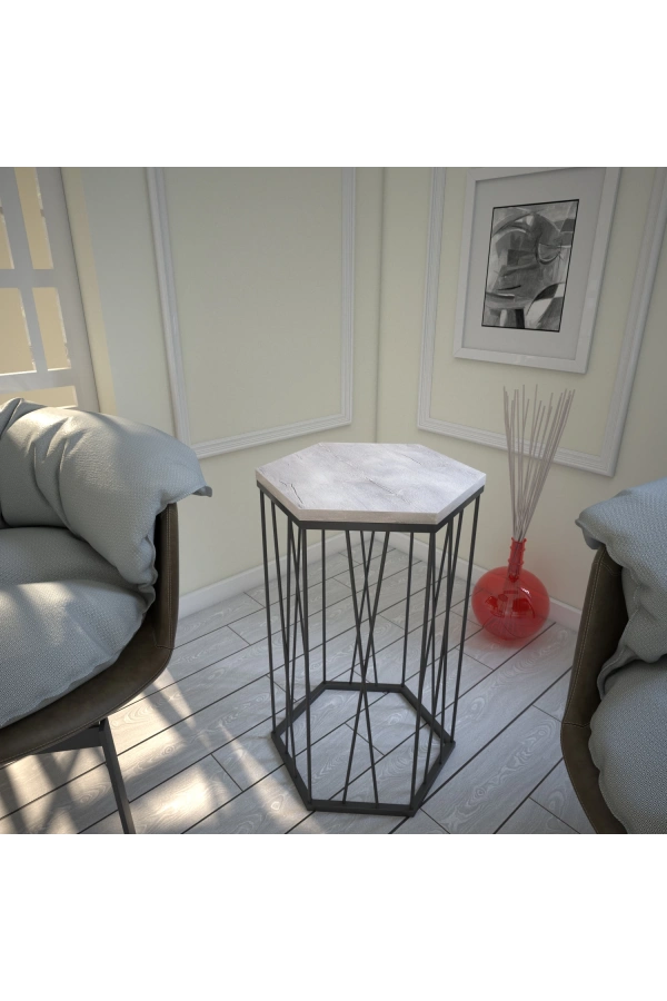 Pasific Home Cetrus Yan Sehpa, Metal Servis Sehpası, Beyaz Meşe