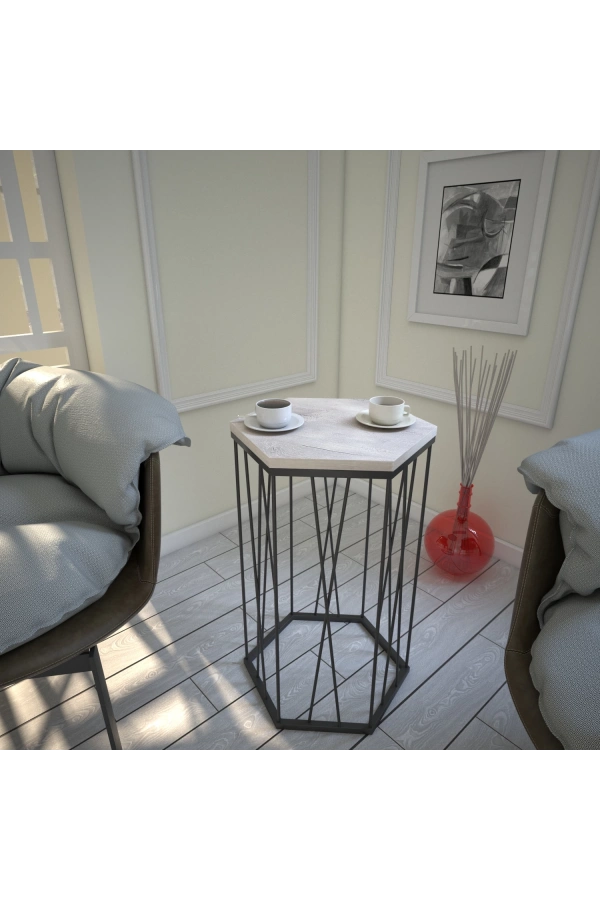 Pasific Home Cetrus Yan Sehpa, Metal Servis Sehpası, Beyaz Meşe