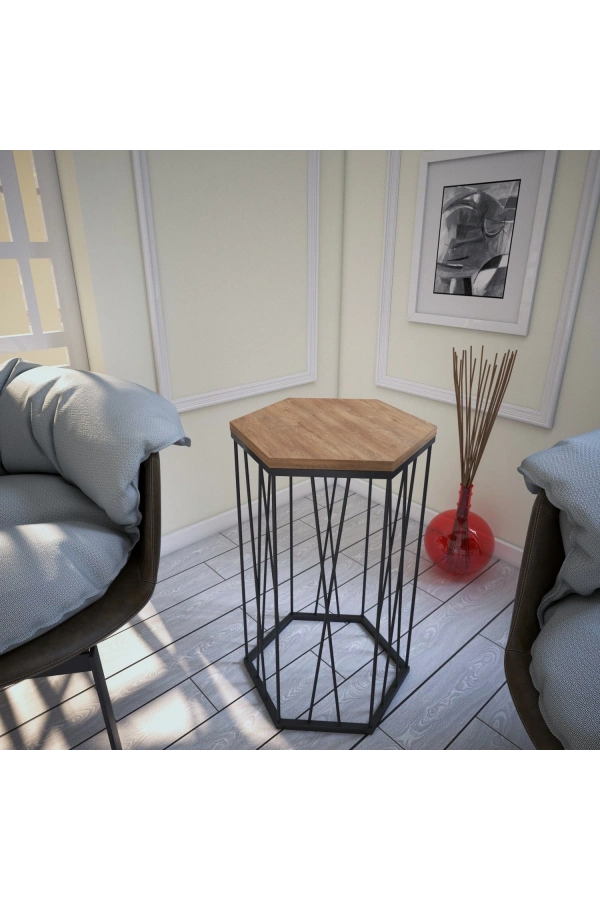 Pasific Home Cetrus Yan Sehpa, Metal Servis Sehpası, Koyu Meşe