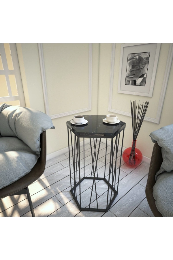 Pasific Home Cetrus Yan Sehpa, Metal Servis Sehpası, Siyah Mermer