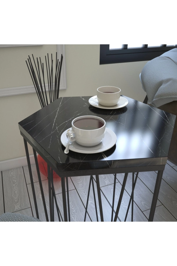 Pasific Home Cetrus Yan Sehpa, Metal Servis Sehpası, Siyah Mermer