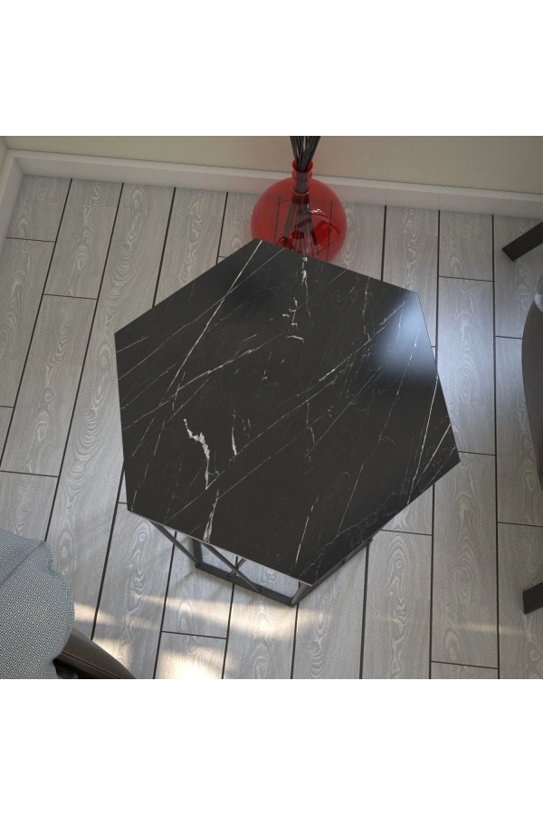 Pasific Home Cetrus Yan Sehpa, Metal Servis Sehpası, Siyah Mermer