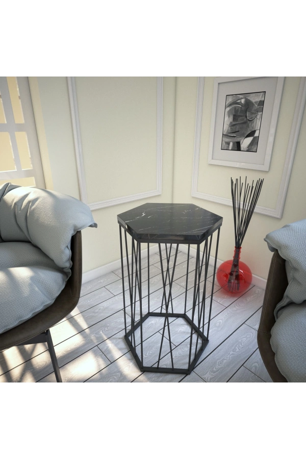 Pasific Home Cetrus Yan Sehpa, Metal Servis Sehpası, Siyah Mermer