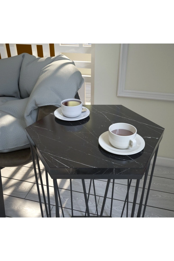 Pasific Home Cetrus Yan Sehpa, Metal Servis Sehpası, Siyah Mermer