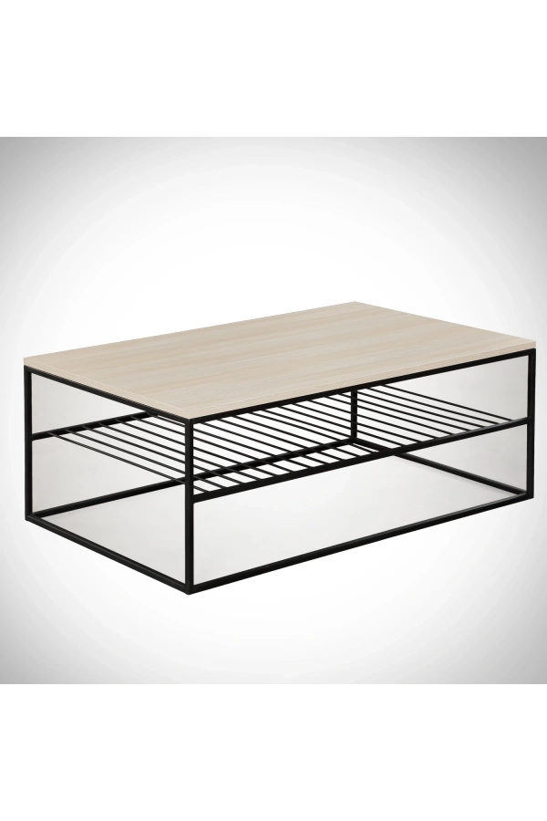 Pasific Home Etna Metal Ayaklı Orta Sehpa, Raflı Dikdörtgen Sehpa, Meşe