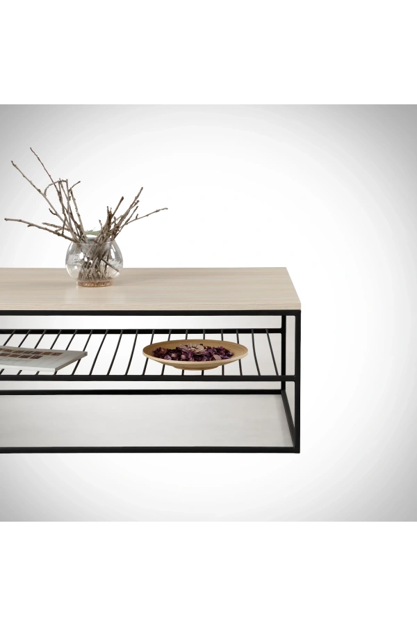 Pasific Home Etna Metal Ayaklı Orta Sehpa, Raflı Dikdörtgen Sehpa, Meşe