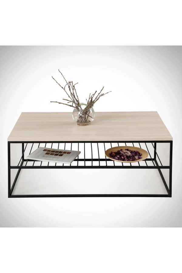 Pasific Home Etna Metal Ayaklı Orta Sehpa, Raflı Dikdörtgen Sehpa, Meşe