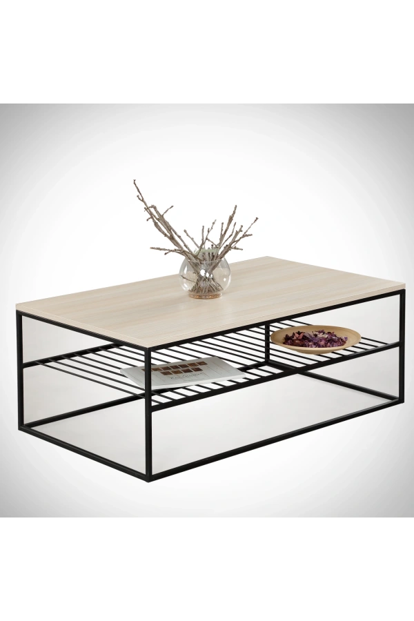 Pasific Home Etna Metal Ayaklı Orta Sehpa, Raflı Dikdörtgen Sehpa, Meşe