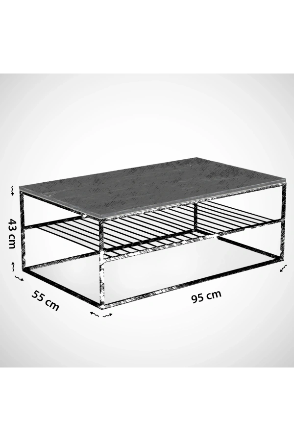 Pasific Home Etna Metal Ayaklı Orta Sehpa, Raflı Dikdörtgen Sehpa, Meşe