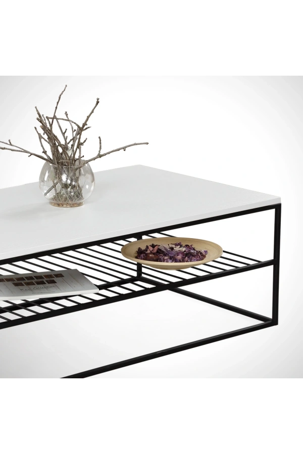 Pasific Home Etna Metal Ayaklı Orta Sehpa, Raflı Dikdörtgen Sehpa, Ahşap Beyaz