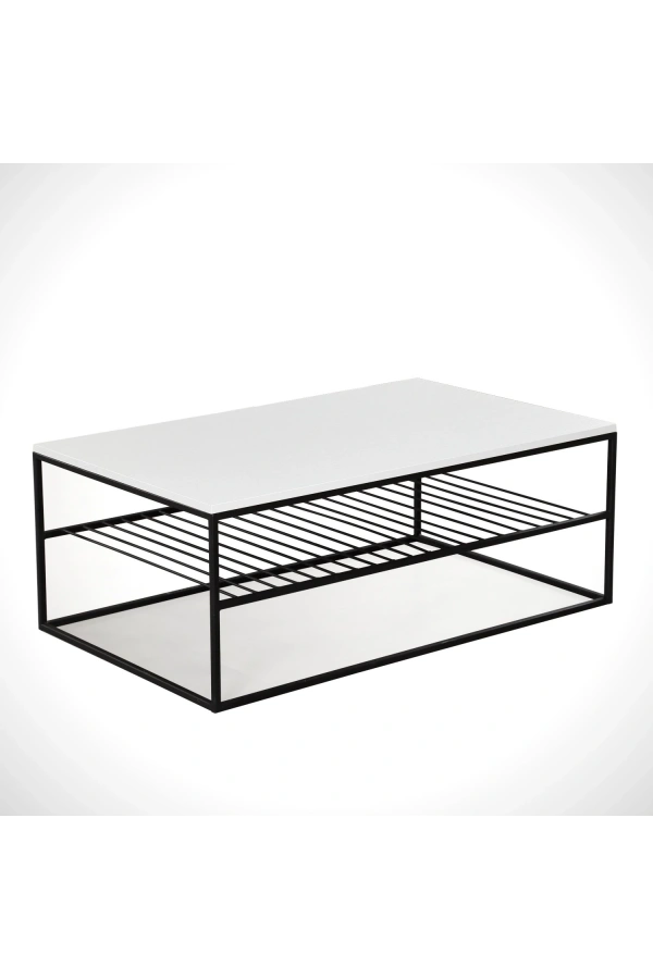 Pasific Home Etna Metal Ayaklı Orta Sehpa, Raflı Dikdörtgen Sehpa, Ahşap Beyaz