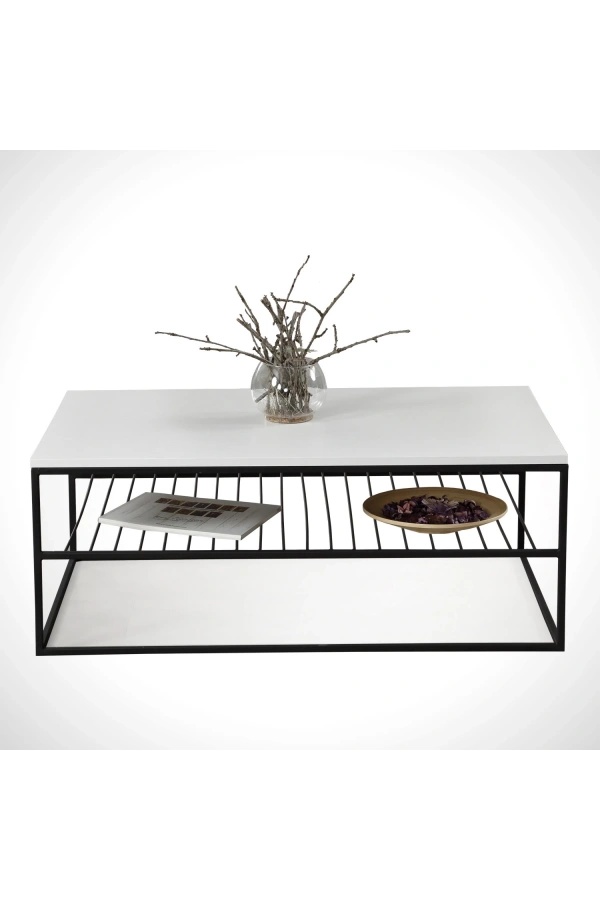 Pasific Home Etna Metal Ayaklı Orta Sehpa, Raflı Dikdörtgen Sehpa, Ahşap Beyaz