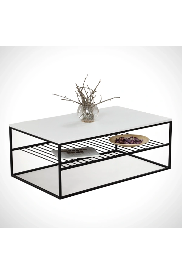 Pasific Home Etna Metal Ayaklı Orta Sehpa, Raflı Dikdörtgen Sehpa, Ahşap Beyaz