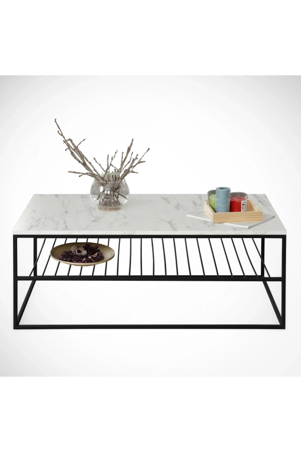 Pasific Home Etna Metal Ayaklı Orta Sehpa, Raflı Dikdörtgen Sehpa, Beyaz Mermer