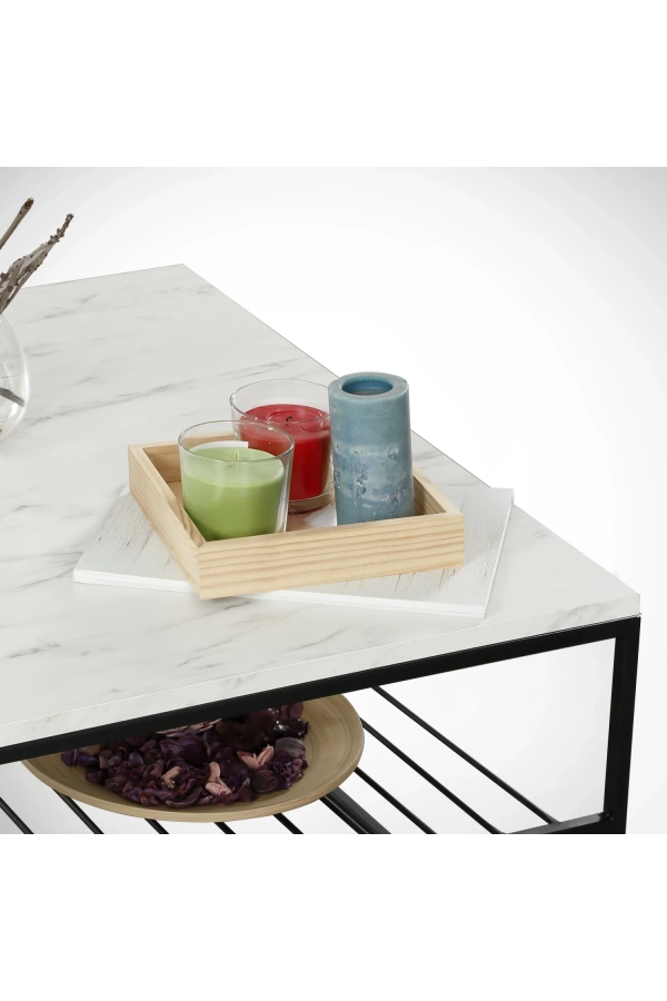 Pasific Home Etna Metal Ayaklı Orta Sehpa, Raflı Dikdörtgen Sehpa, Beyaz Mermer