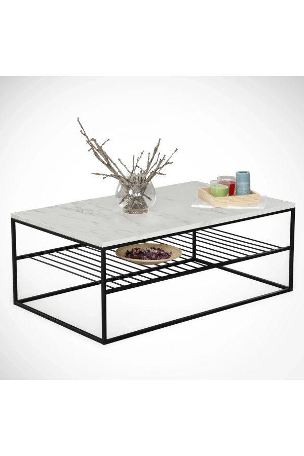 Pasific Home Etna Metal Ayaklı Orta Sehpa, Raflı Dikdörtgen Sehpa, Beyaz Mermer