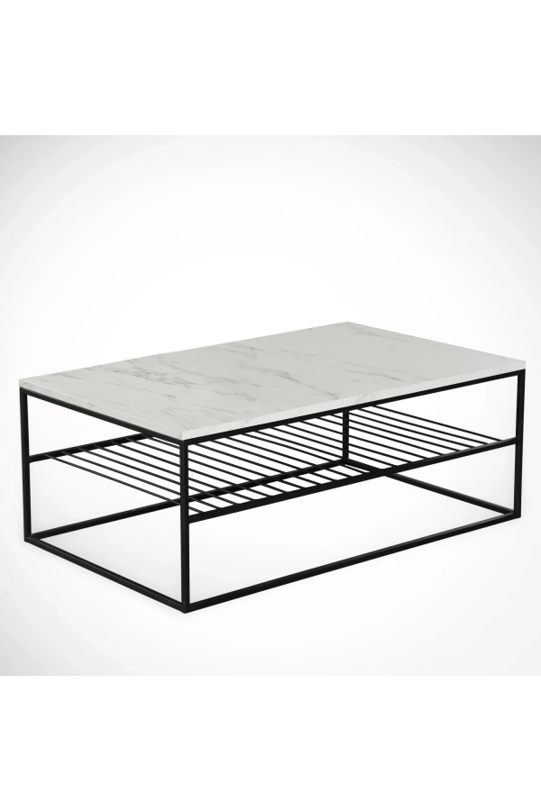 Pasific Home Etna Metal Ayaklı Orta Sehpa, Raflı Dikdörtgen Sehpa, Beyaz Mermer