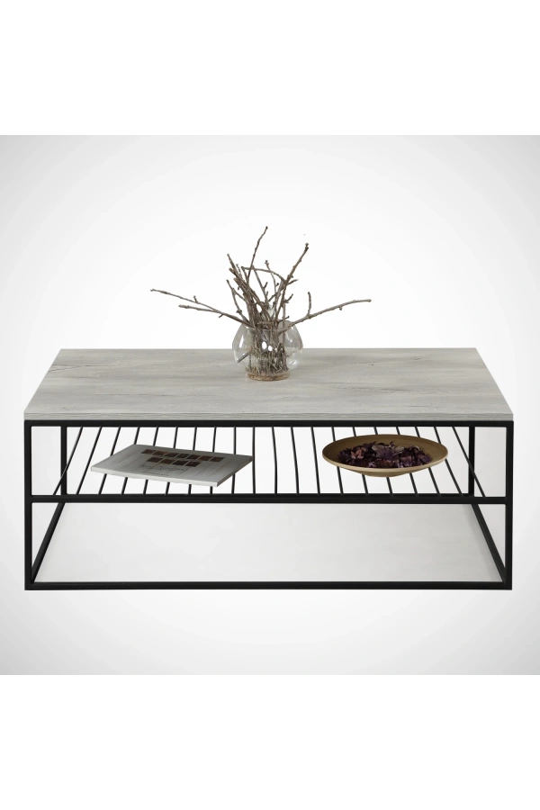 Pasific Home Etna Metal Ayaklı Orta Sehpa, Raflı Dikdörtgen Sehpa, Beyaz Meşe